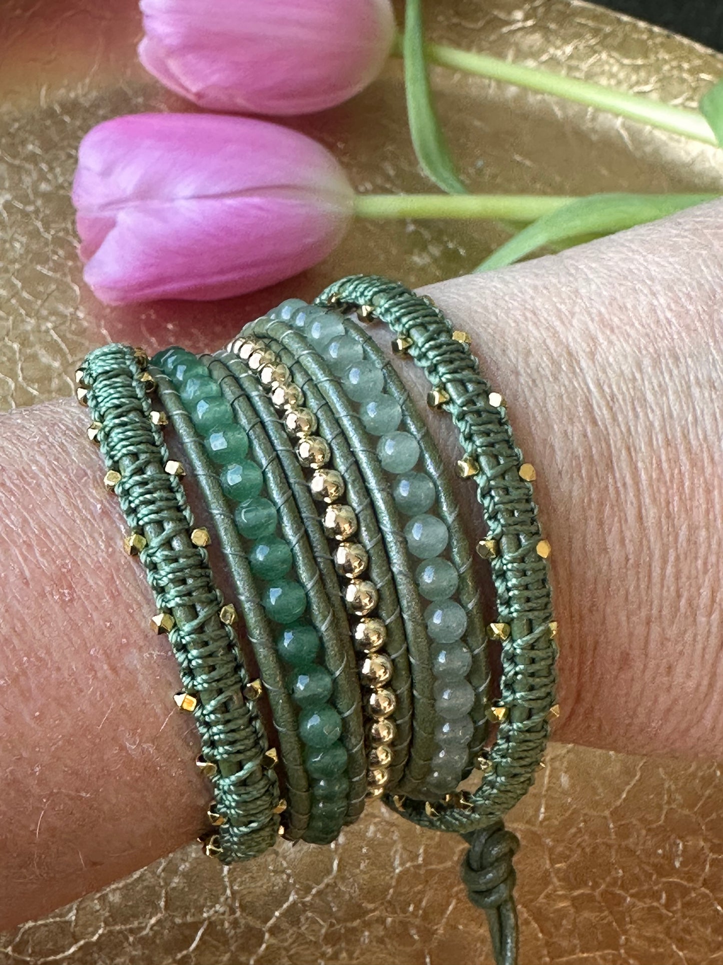 5-wrap Bracelet in Green and Gold