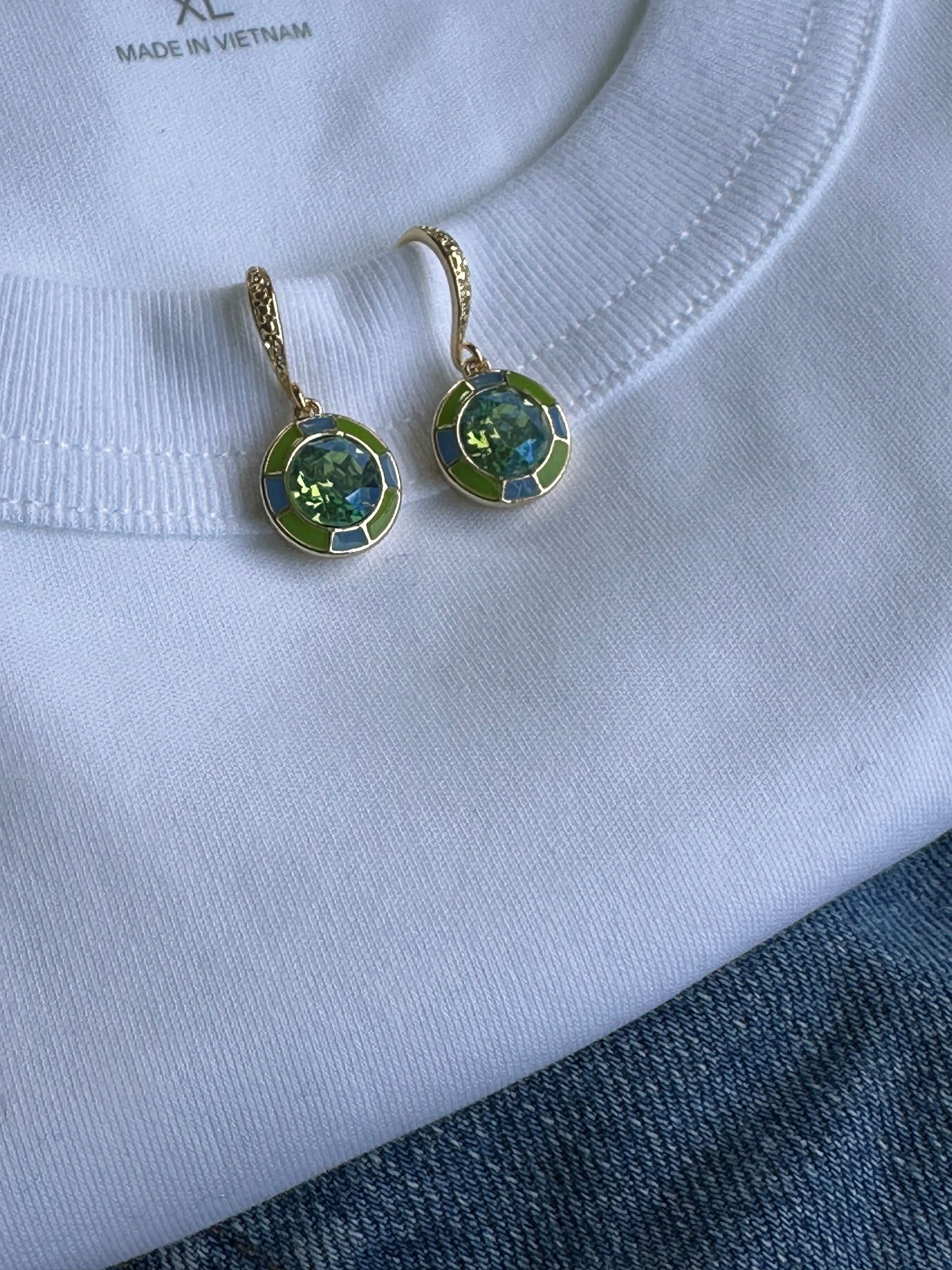 Round Cathedral Earrings in Green and Blue