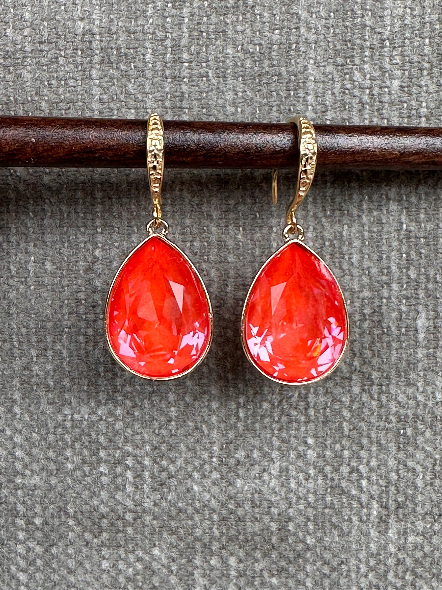 Orange Red Crystal Teardrop Earrings