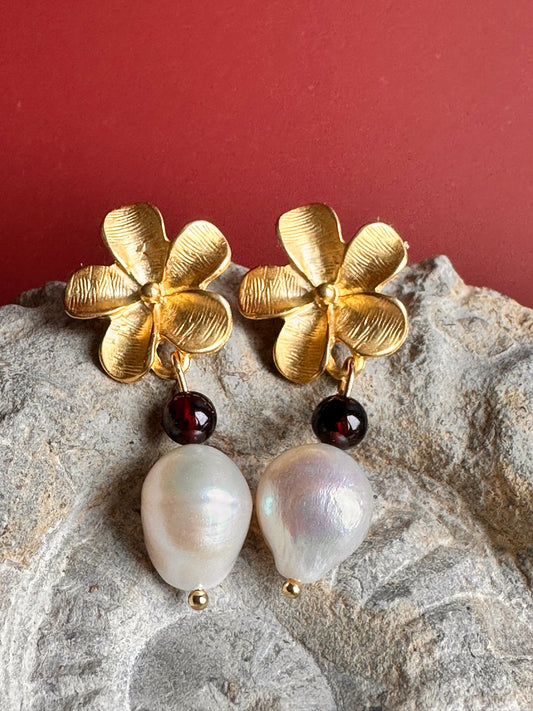 Blossom Earrings with Garnet and Pearl