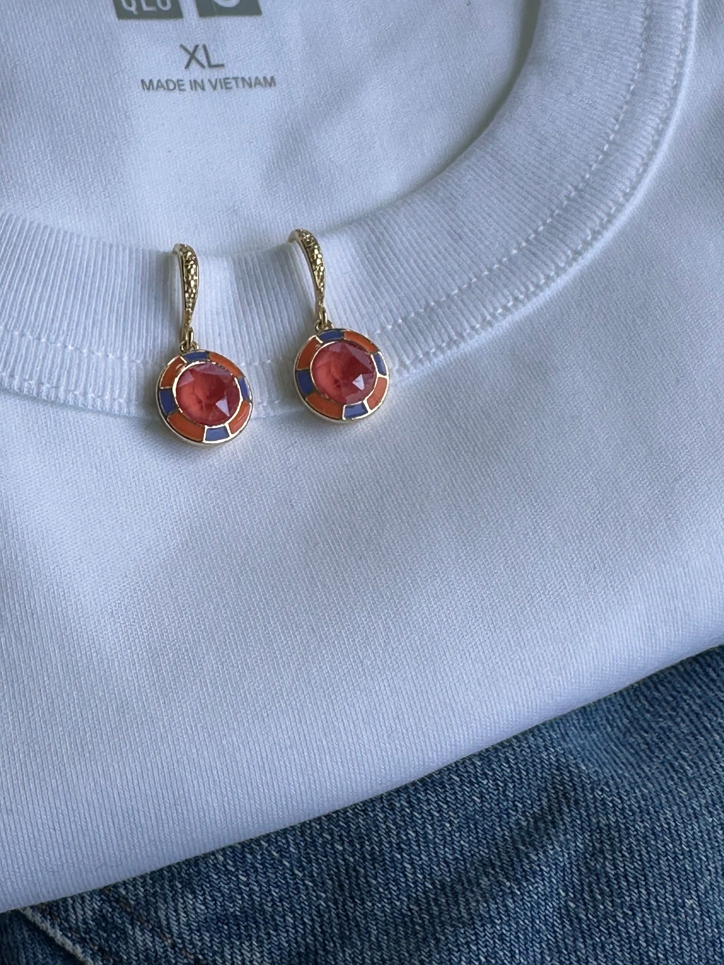 Round Cathedral Earrings in Orange and Blue