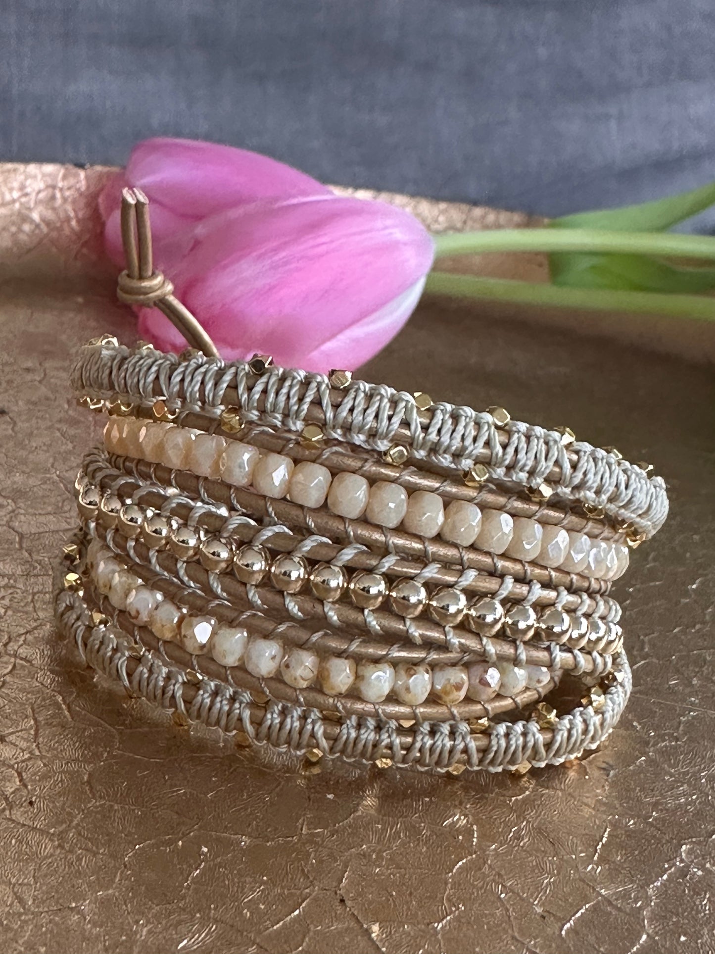 5-Wrap Bracelet in Gold and Cream