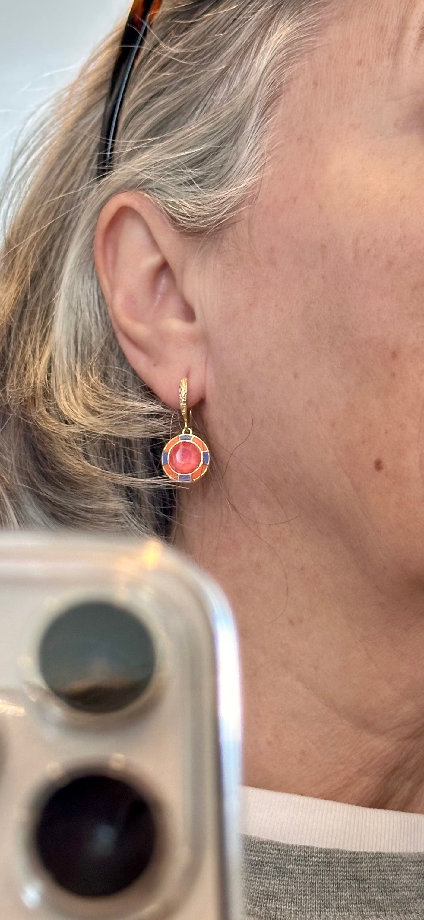 Round Cathedral Earrings in Orange and Blue