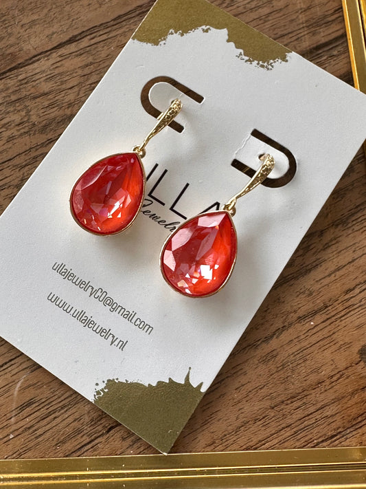 Orange Red Crystal Teardrop Earrings
