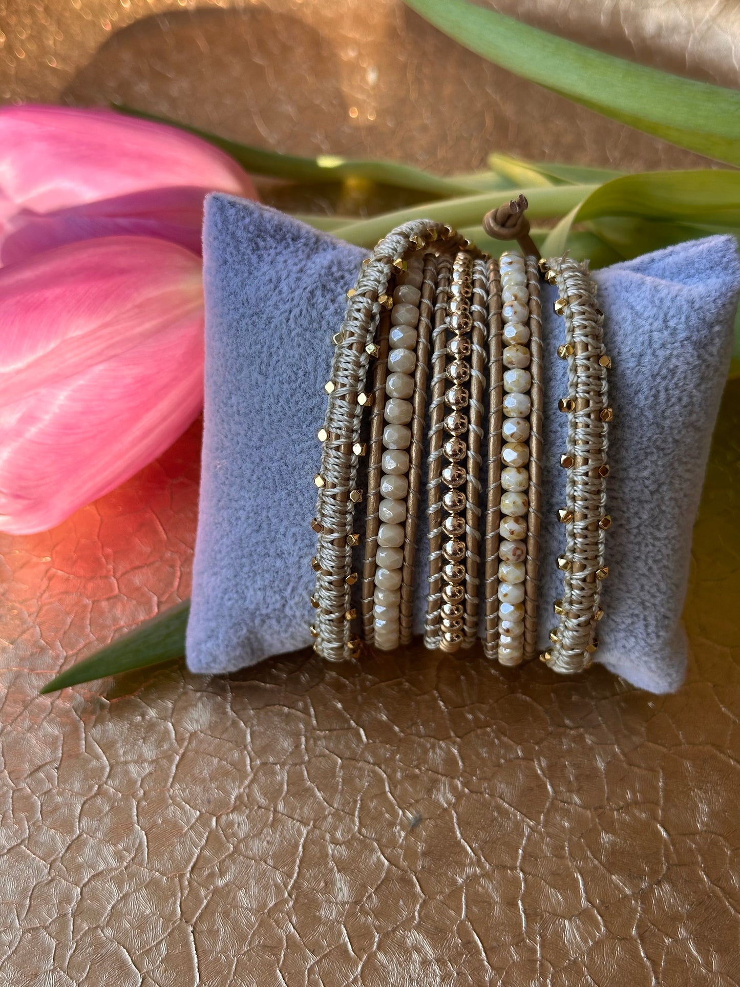 5-Wrap Bracelet in Gold and Cream